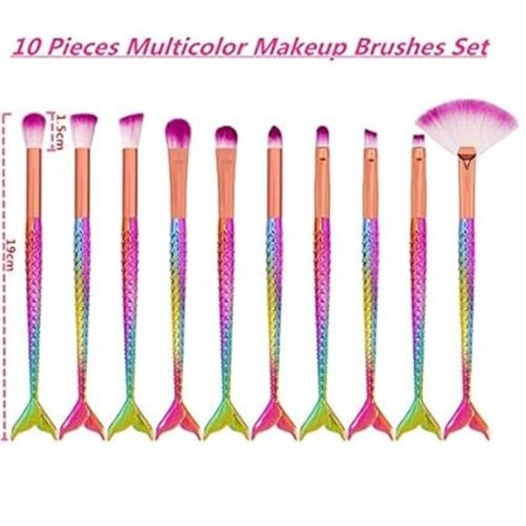 Mermaid Tail Makeup Brush Set 10 Pcs Eye Brushes Eyeshadow Concealer Brow Blend - Picture 6 of 7